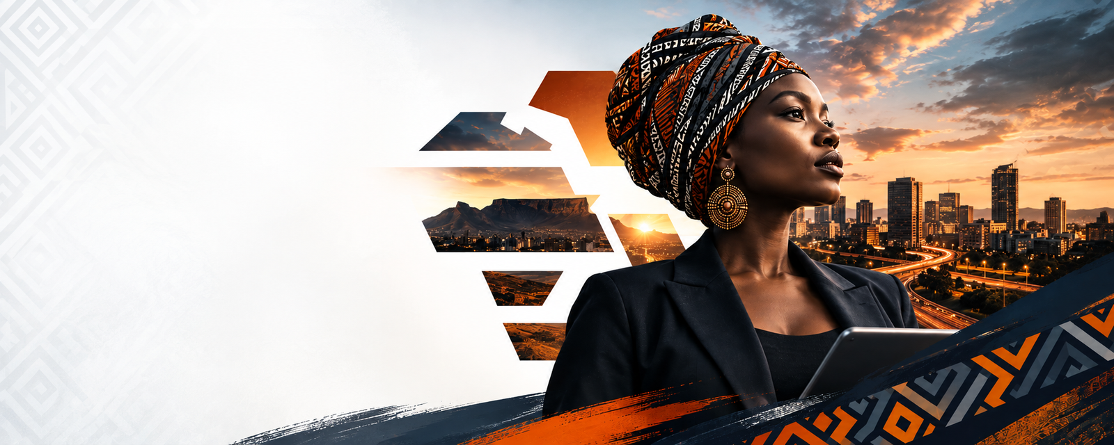 African businesswoman overlooking a city at sunset, with Afrucent-inspired artwork